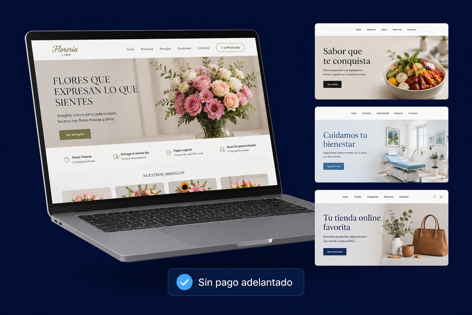 Web terminada y plantillas sobre fondo azul: sin pago adelantado
