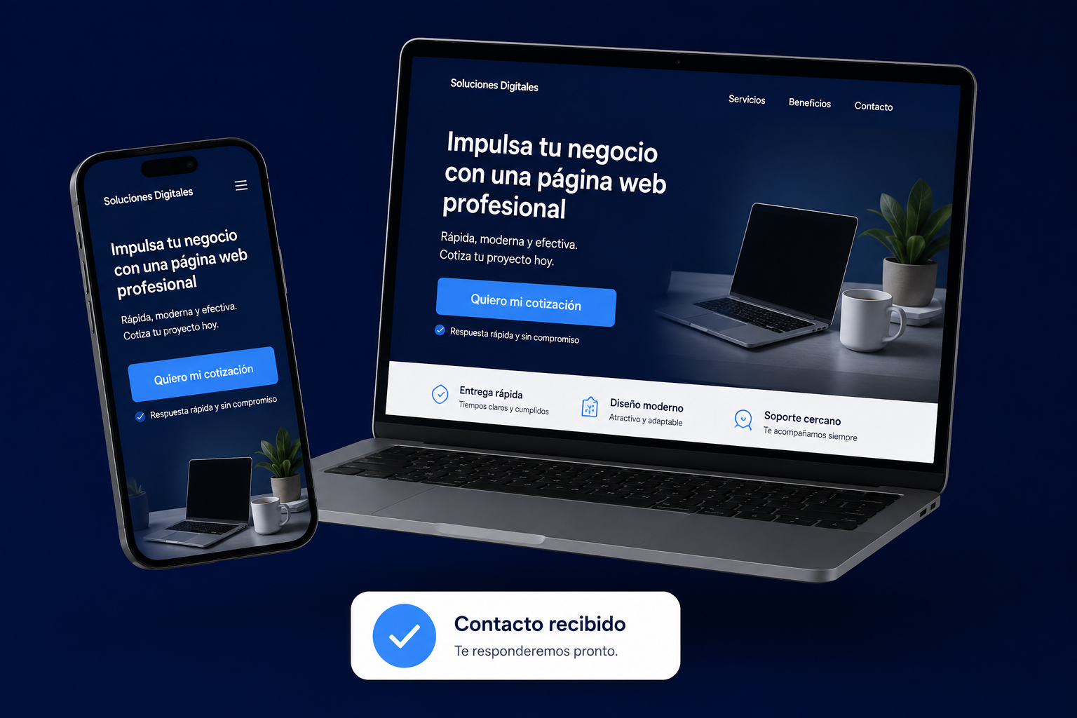 Landing page peruana en celular y laptop con contacto recibido