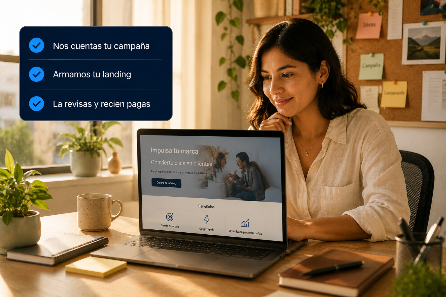 Emprendedora revisando su landing antes de pagar