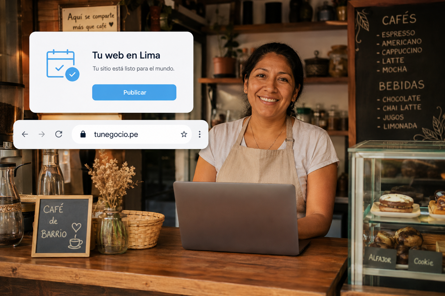 Dueña de cafetería en Lima publicando su página web