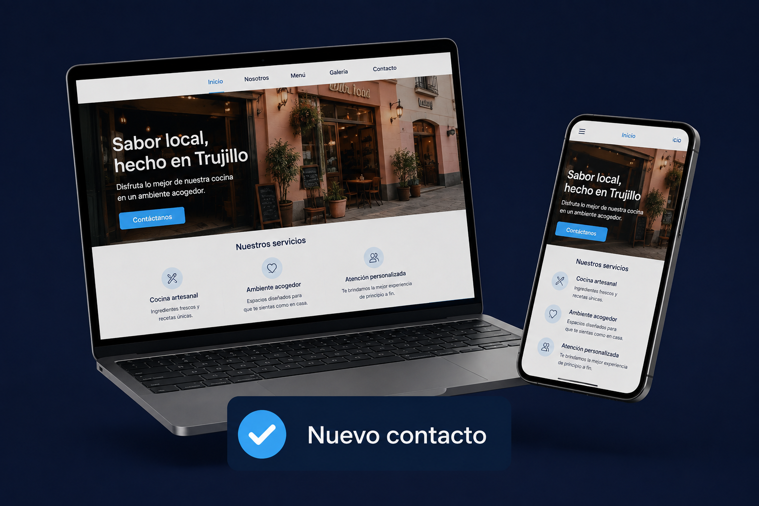 Web de negocio trujillano en laptop y celular con nuevo contacto